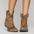 Women’s low-heel slip-on ankle boots in brown suede with pull tabs and low heel