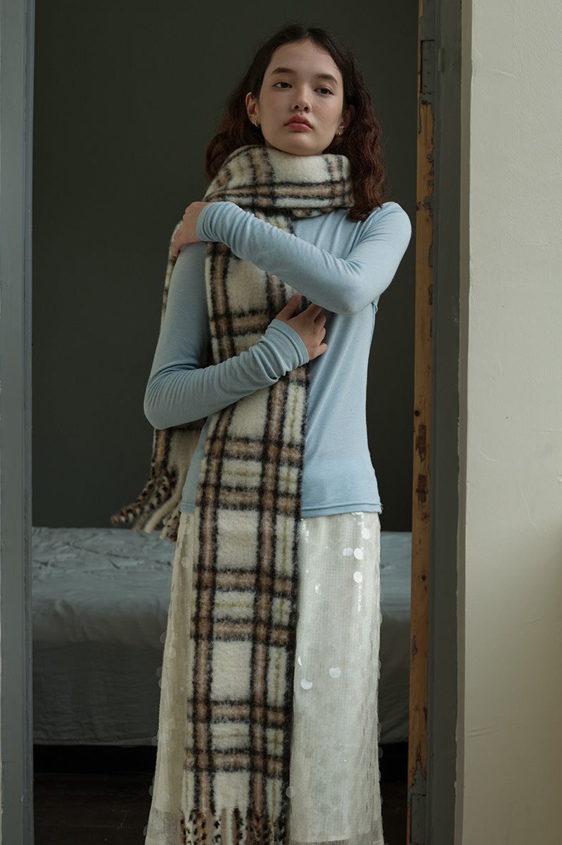 Long off-white plaid wool scarf with fringed ends and wide wrap