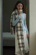 Plaid wool scarf in off-white with dark stripes, long fringe ends