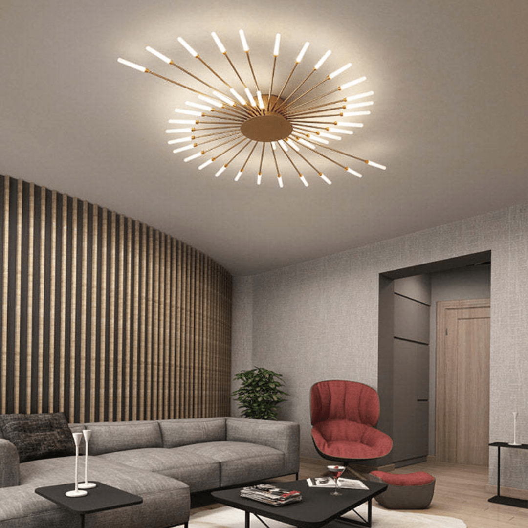 Flush-mount LED ceiling lamp with gold center and radiating slim light bars