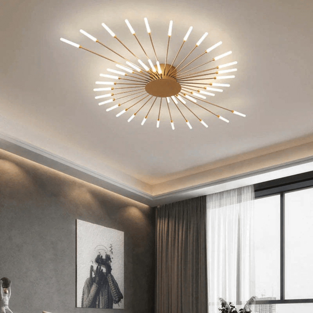 Flush-mount LED ceiling lamp with gold center and radiating slim light bars