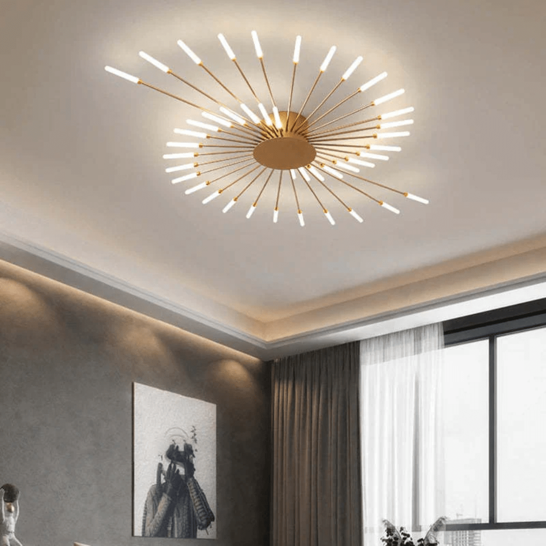 Flush-mount LED ceiling lamp with gold center and radiating slim light bars