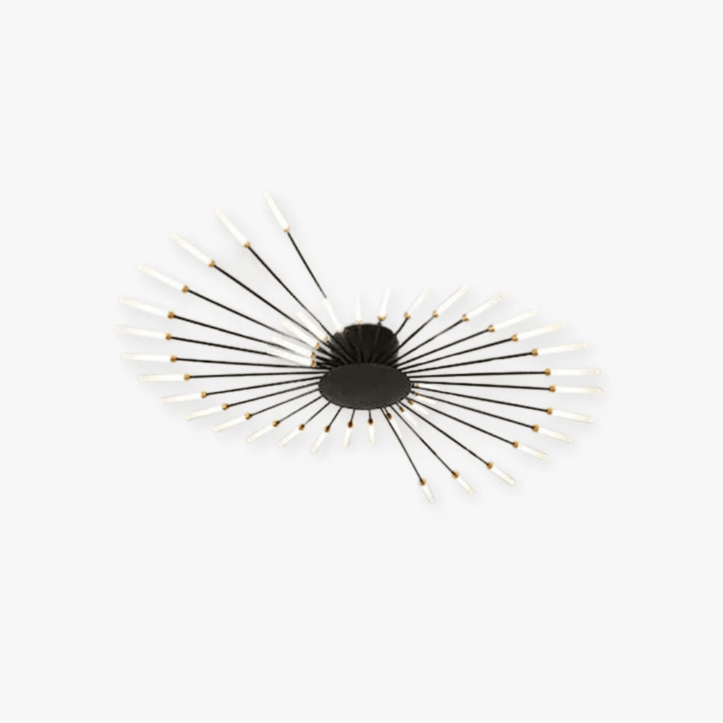 Black LED flush mount ceiling lamp with radial slim rods and bright glowing bulbs