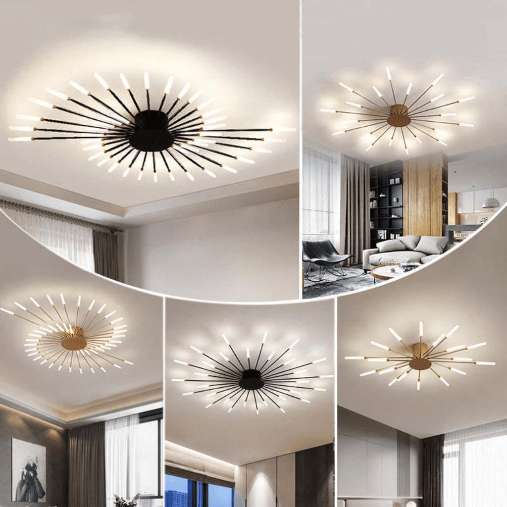 Flush-mount LED ceiling lamp shown in multiple rooms with glowing radial light bars