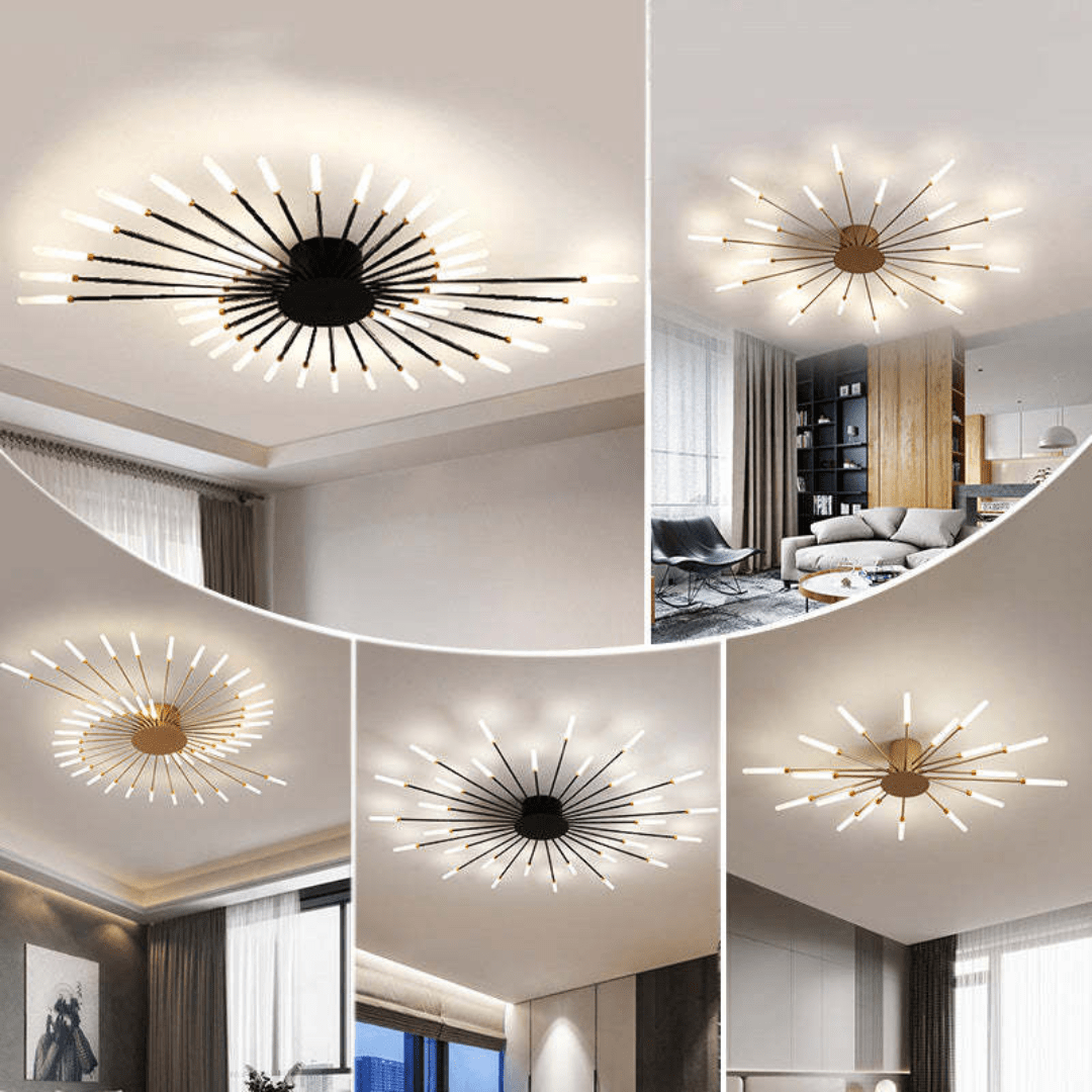 Flush-mount LED ceiling lamp shown in multiple rooms with glowing radial light bars