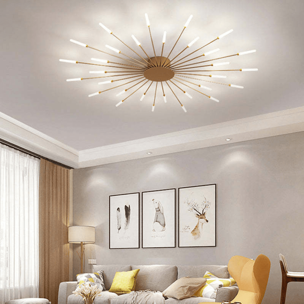 Flush-mount LED ceiling lamp with gold center and lit radiating slim light bars