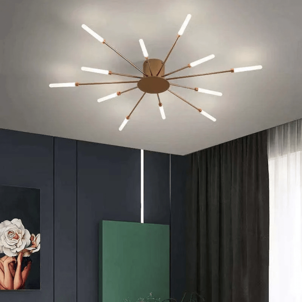 Gold LED flush-mount ceiling lamp with radiating light rods and round base