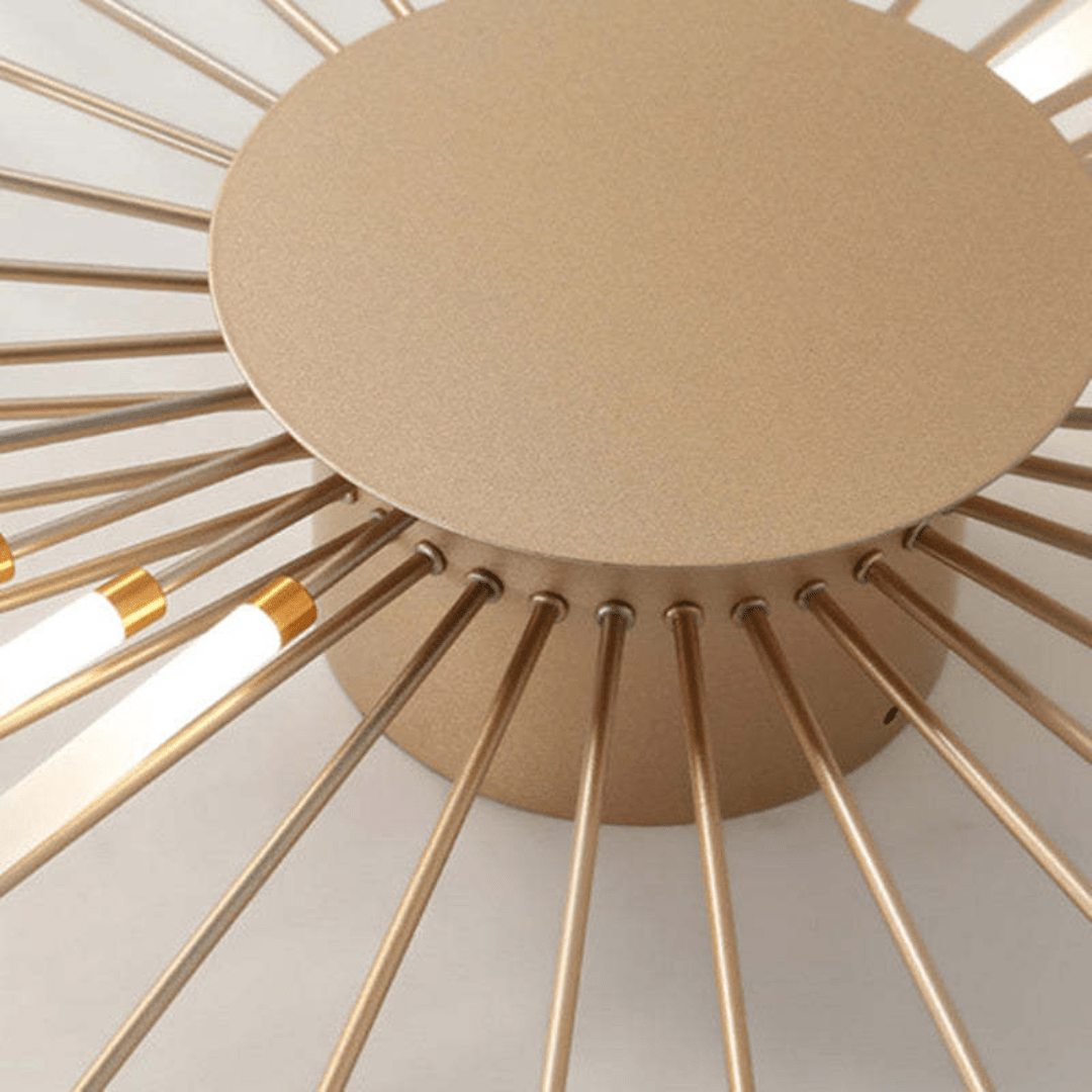 Close-up flush-mount LED ceiling lamp canopy with gold radial light bars