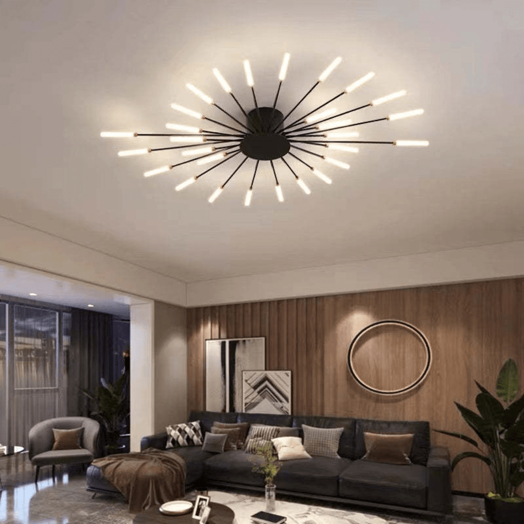 Black LED flush mount ceiling lamp with radial rod arms and glowing bulbs on ceiling