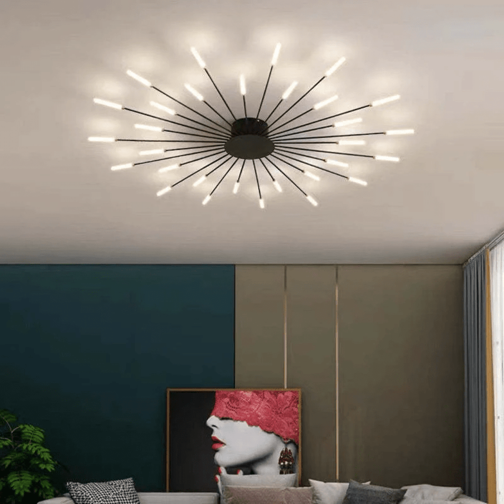 Large black flush-mount LED ceiling lamp with radiating light rods