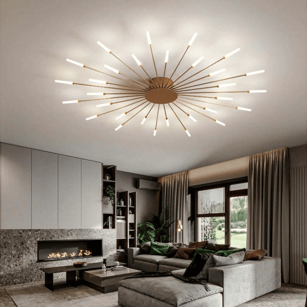 Flush-mount LED ceiling lamp with gold center and radiating slim light bars