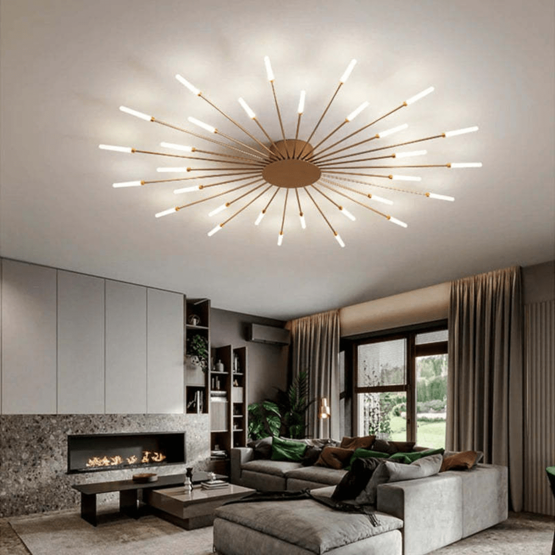Flush-mount LED ceiling lamp with gold center and radiating slim light bars