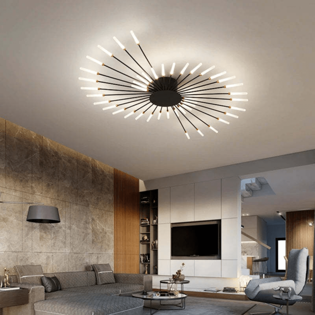 Black LED flush mount ceiling lamp with radial rod arms and glowing light bulbs