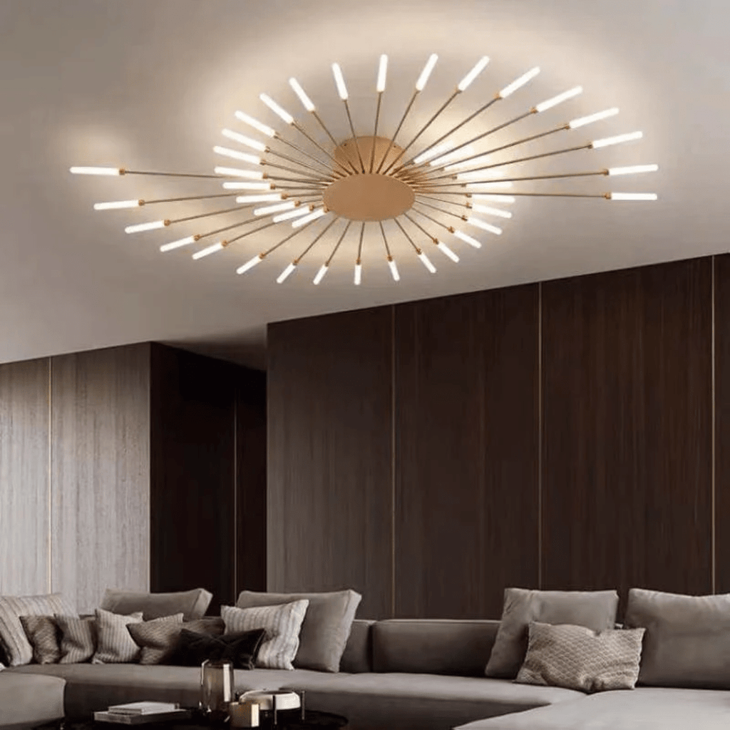 Flush-mount LED ceiling lamp with gold center and radiating slim light bars