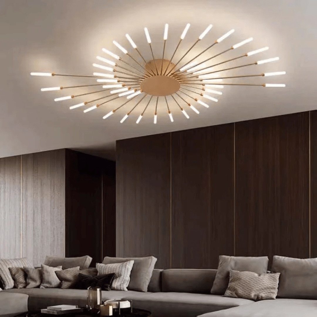 Flush-mount LED ceiling lamp with gold center and radiating slim light bars