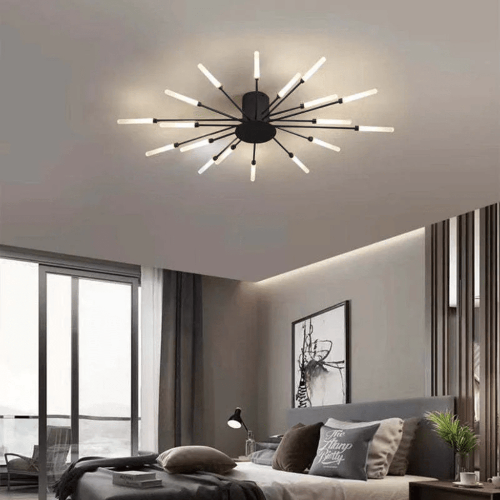 Black LED flush mount ceiling lamp with radial rods and bright illuminated bulbs