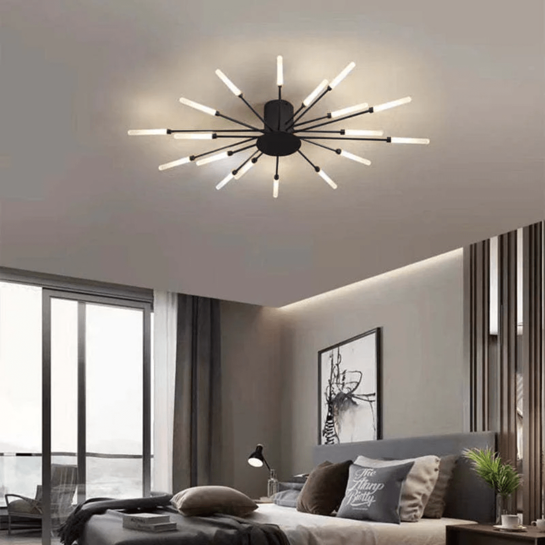Black LED flush mount ceiling lamp with radial rods and bright illuminated bulbs