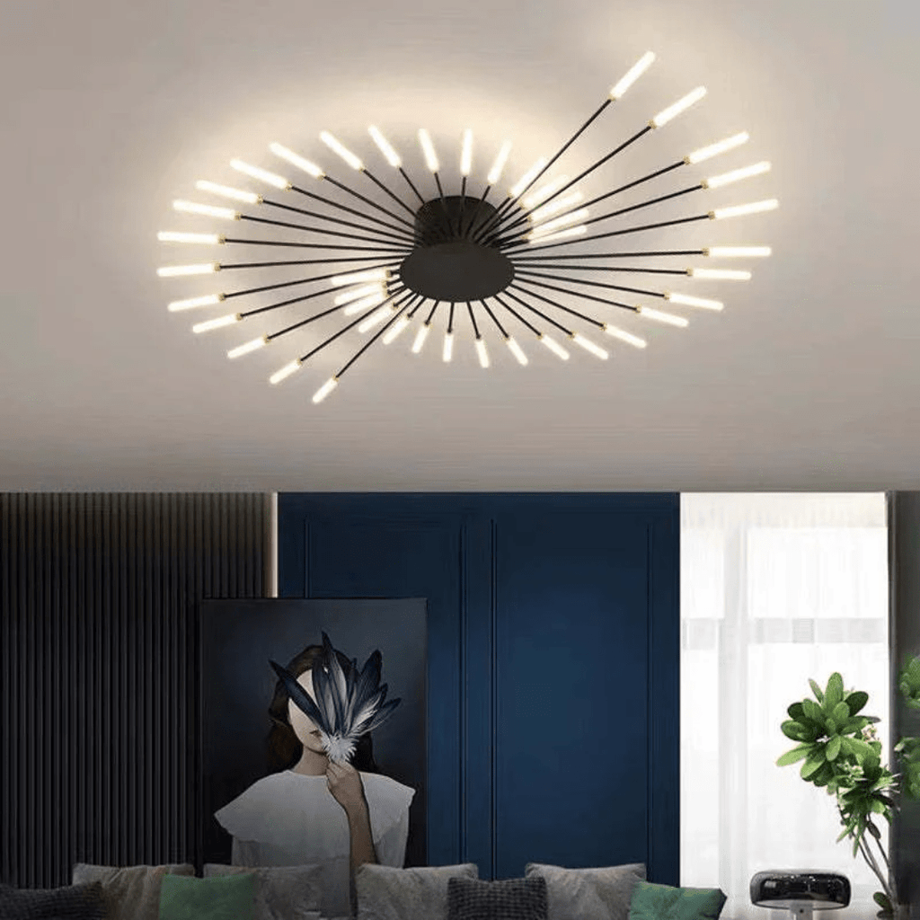 Black LED flush-mount ceiling light with evenly spaced radiating rods