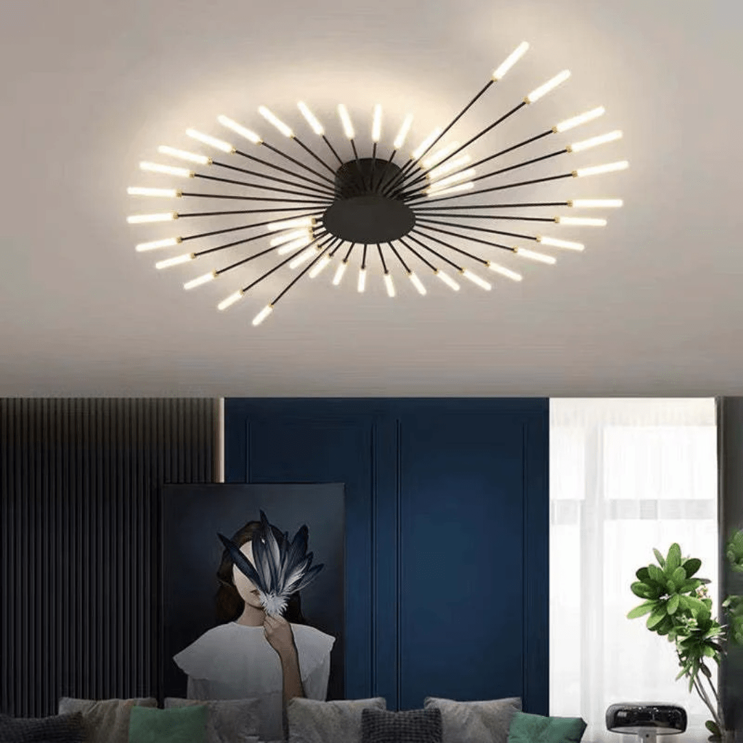 Black LED flush-mount ceiling light with evenly spaced radiating rods