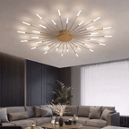 Gold LED flush mount ceiling lamp with radial rods and evenly spaced illuminated bulbs
