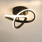 Curved double ring LED flush mount ceiling light, white ring on black ceiling mount