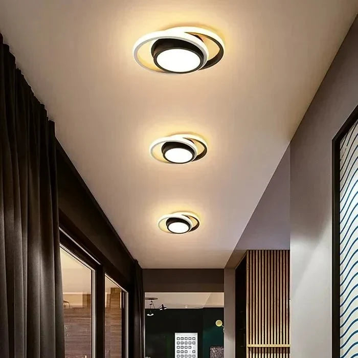 Round double ring LED flush mount ceiling light, white outer ring on dark base