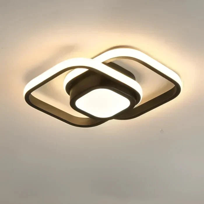 Square-like double ring LED flush mount ceiling light, warm white glow with dark frame