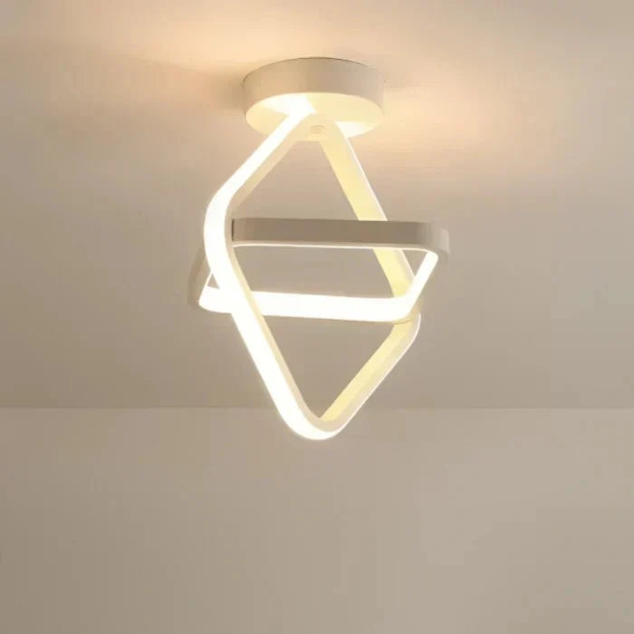 Triangular double ring LED flush mount ceiling lamp, white glowing outline on dark base