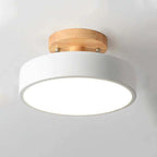Wood-backed LED flush mount ceiling lamp with white diffuser and bright ring light