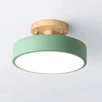 Wood and acrylic flush mount LED ceiling lamp with green shade and circular white diffuser