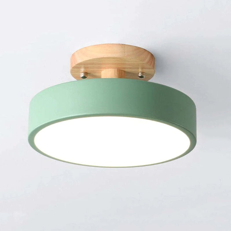 Wood and acrylic flush mount LED ceiling lamp with green shade and circular white diffuser