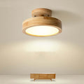 Wood LED flush mount ceiling lamp with white acrylic diffuser and warm light