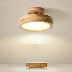 Wood LED flush mount ceiling lamp with white acrylic diffuser and warm light