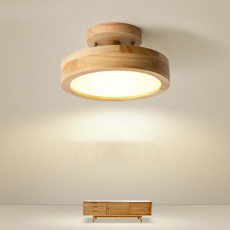 Wood LED flush mount ceiling lamp with white acrylic diffuser and warm light