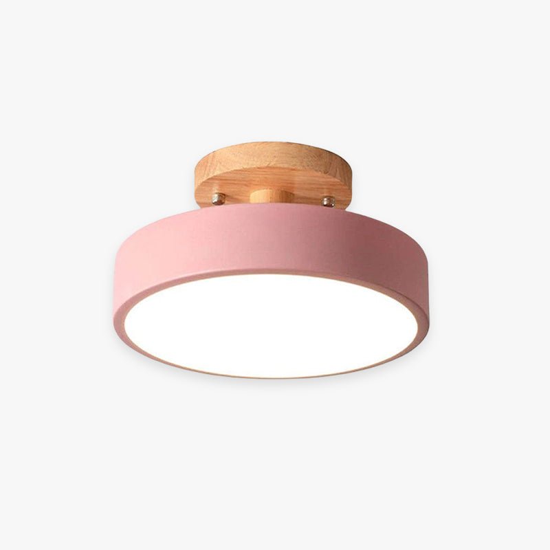 Wood and acrylic LED flush mount ceiling light with pink shade and circular diffuser