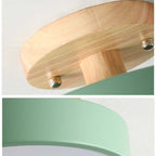 Wood LED flush mount ceiling lamp with green acrylic ring and white diffuser