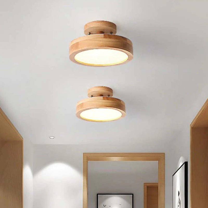 Wood flush mount LED ceiling lamp with warm glow circular diffuser, two lamps visible