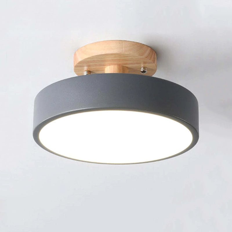 Wood and acrylic flush mount LED ceiling lamp with gray shade and round white diffuser