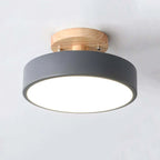 Wood and acrylic flush mount LED ceiling lamp with gray shade and round white diffuser
