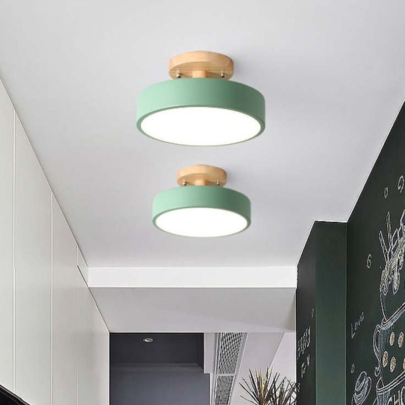 Green acrylic LED flush mount ceiling lamp, two-light set with wood tops