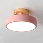 Wood and acrylic flush mount LED ceiling lamp with pink shade and round light panel