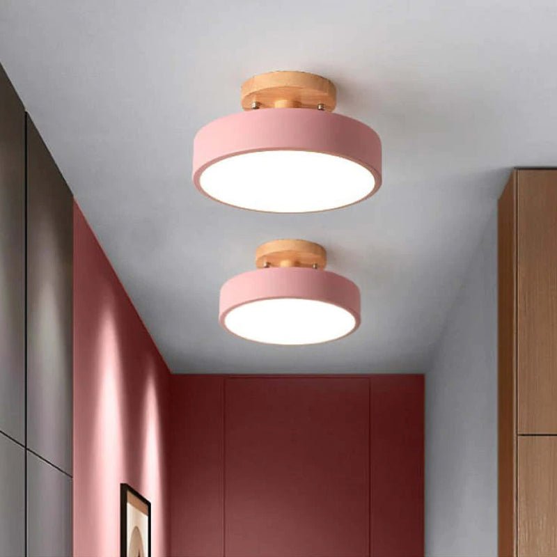 Pink acrylic LED flush mount ceiling lamp, two-light set with wood tops