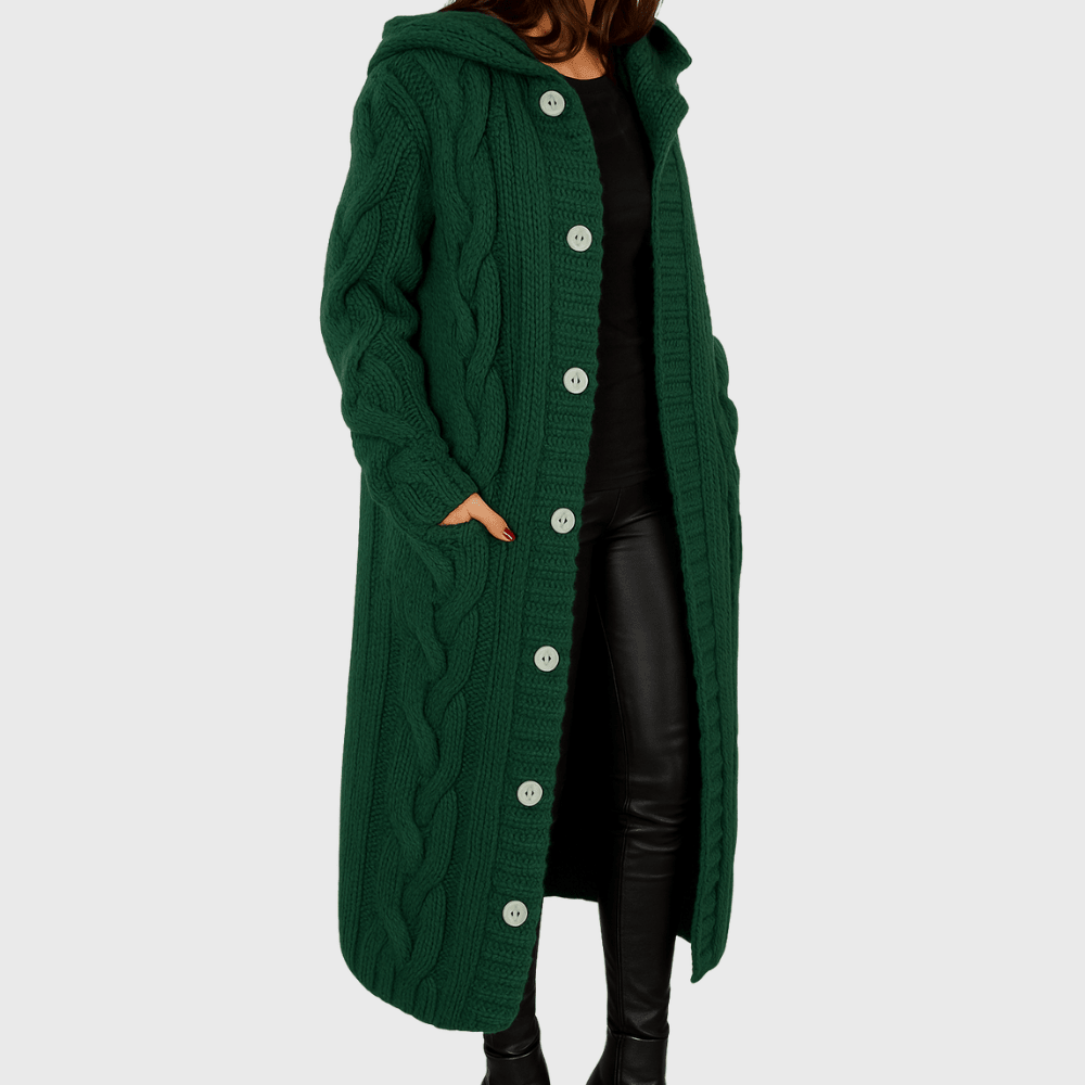 Longline cable-knit cardigan in deep green, hooded, button-front with patch pocket detail