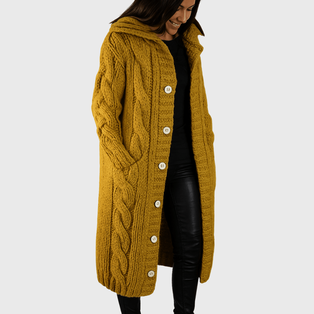 Longline cable-knit cardigan in mustard yellow, hooded, button-front with patch pockets