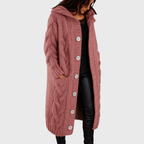 Longline cable-knit cardigan in dusty pink, hooded, button-front with patch pockets
