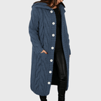 Longline cable-knit cardigan in dark blue, hooded, button-front and patch pocket detail