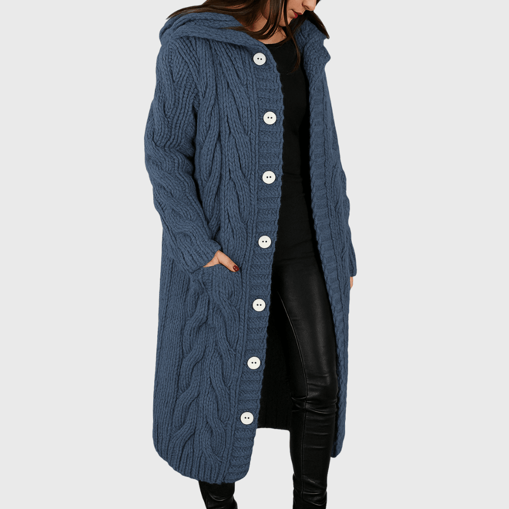 Longline cable-knit cardigan in dark blue, hooded, button-front and patch pocket detail