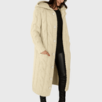 Longline cable-knit cardigan in cream beige, hooded, button-front with side patch pockets