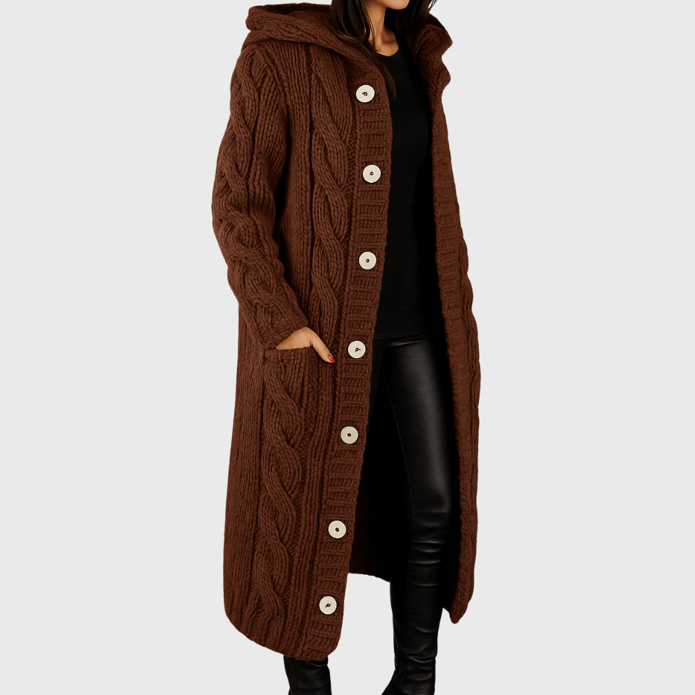 Longline cable-knit cardigan in deep brown, hooded, button-front and side patch pockets