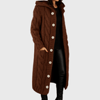 Longline cable-knit cardigan in deep brown, hooded, button-front and side patch pockets